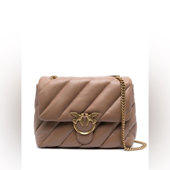 New Pinko Large Puff Leather Shoulder Bag In Taupe - Picture 4 of 14